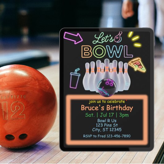 Neon Bowling Birthday Einladung
