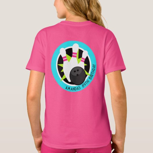 Neon Bowling Event-Shirt mit Name auf der Vorderta T-Shirt (Rückseite)