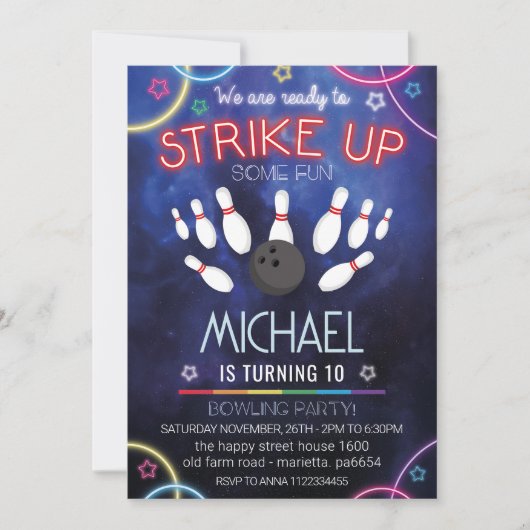 Neon Bowling Invitation for Birthday Party Retro Einladung (Vorderseite)