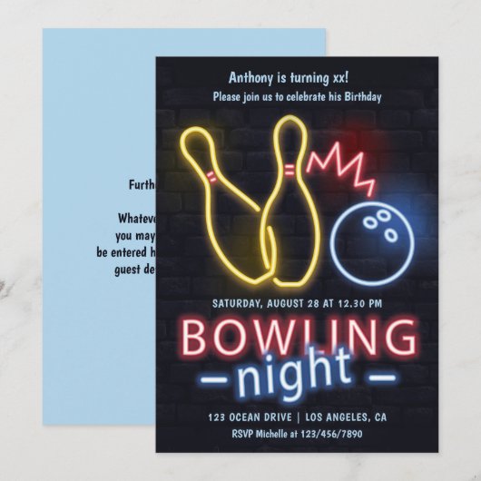 Neon Bowling Night Birthday Party Einladung (Vorne/Hinten)