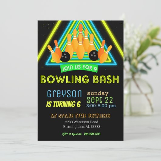 Neon Bowling Party Einladung (Stehend Vorderseite)