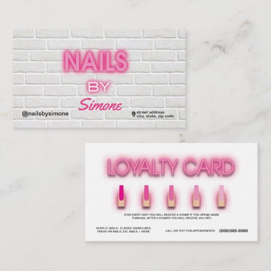Neon & Brick Background Nail Artist Business Card Visitenkarte (Vorne/Hinten)