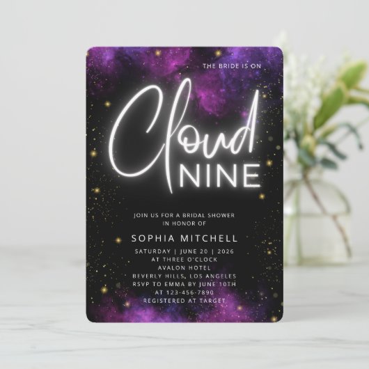 Neon Bride on Cloud 9 Script Black Brautparty Einladung (Stehend Vorderseite)