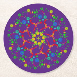Neon Bubble Orbs Mandala auf Deep Lila Runder Pappuntersetzer