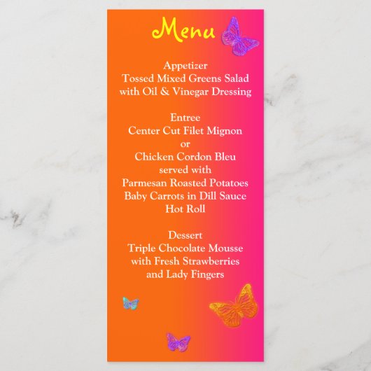 Neon Butterfets and Blume Menu Card Menükarte (Rückseite)