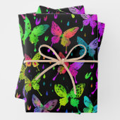 Neon Butterflies auf schwarzem Hintergrund Vibranl Geschenkpapier Set (Beispiel)