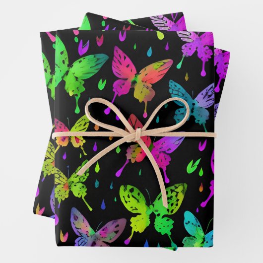 Neon Butterflies auf schwarzem Hintergrund Vibranl Geschenkpapier Set (Beispiel)