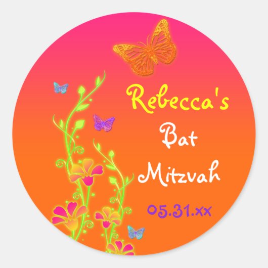 Neon Butterflies und Blume Bat Mitzvah Sticker (Vorderseite)