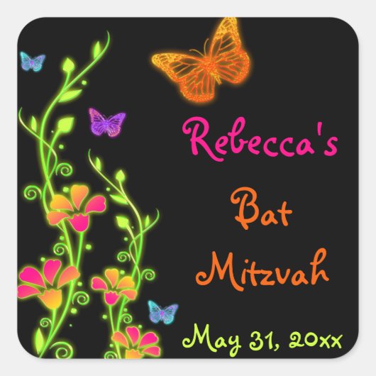 Neon Butterflies und Blume Bat Mitzvah Sticker (Vorderseite)