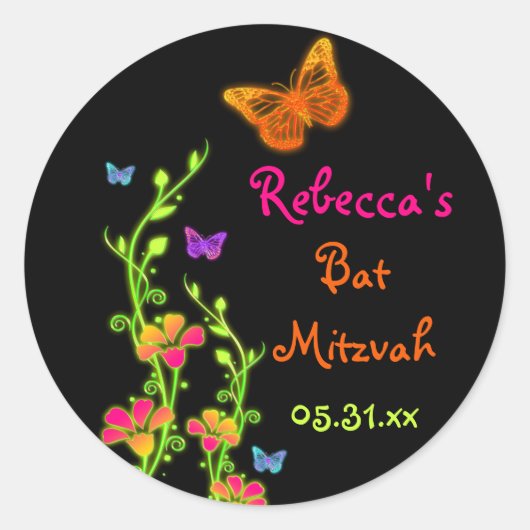 Neon Butterflies und Blume Bat Mitzvah Sticker (Vorderseite)