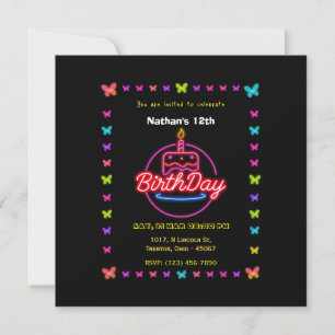 Neon Butterfly mit Geburtstagstorte Geburtstagskar Einladung