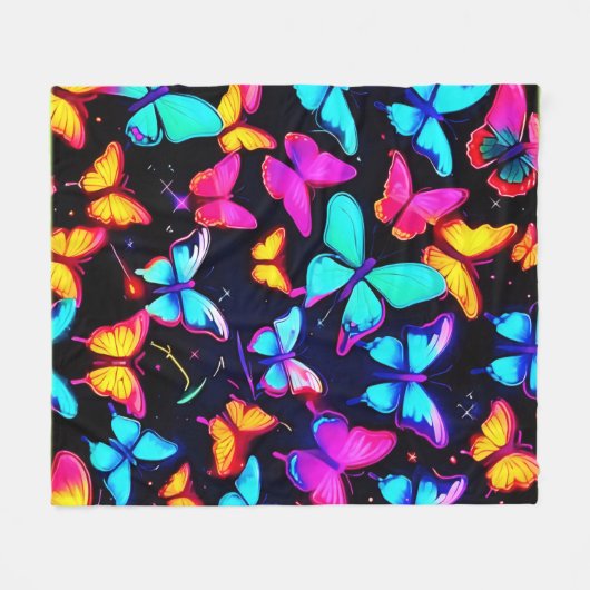 Neon Butterfly Pattern Fleecedecke (Vorderseite (Horizontal))