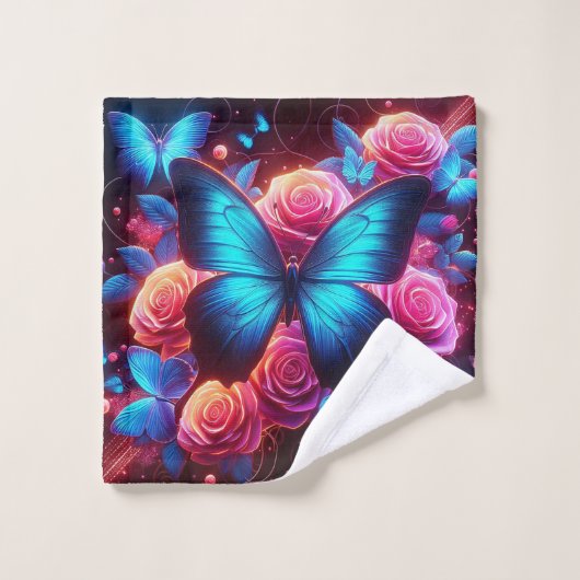 Neon Butterfly & Rose Badhandtuch Set (Waschlappen)