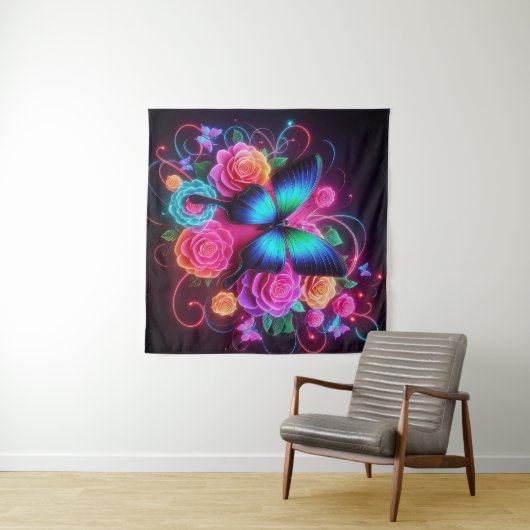 Neon Butterfly & Rose Wandteppich (Beispiel (Horizontal))