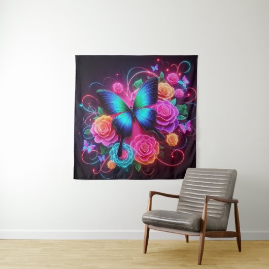 Neon Butterfly & Rose Wandteppich (Beispiel)