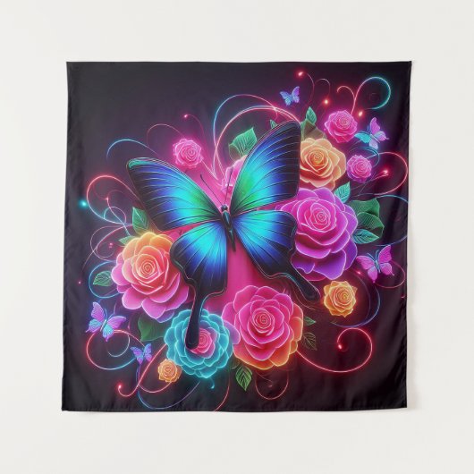 Neon Butterfly & Rose Wandteppich (Vorderseite)