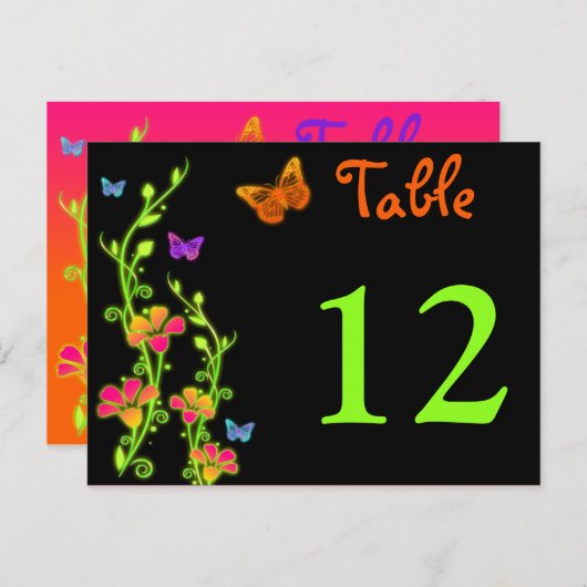 Neon Butterfys & Blume Tischnummer Postkarte (Vorne/Hinten)