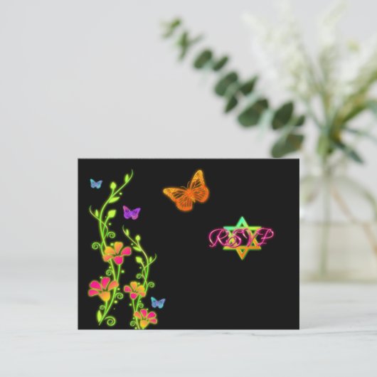 Neon Buttterfliegen & Blume Bat Mitzvah RSVP Card (Stehend Vorderseite)