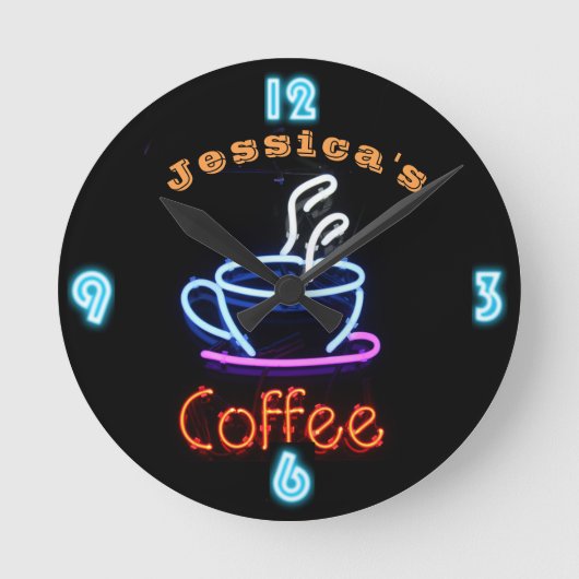 Neon CAFE COFFEE Clock Benutzerdefinierter Name Runde Wanduhr (Vorderseite)
