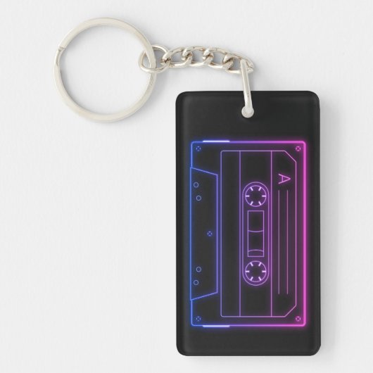 Neon Cassette Key Ring, Pink Dark Blue Vaporwave Schlüsselanhänger (Vorderseite)