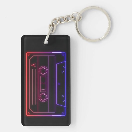 Neon Cassette Key Ring, Red Dark Blue Vaporwave Schlüsselanhänger (Rückseite)