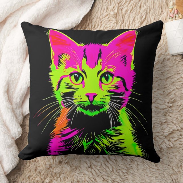 Neon Cat Portrait Kissen (Decke)