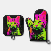 Neon Cat Portrait Ofenhandschuh & Topflappen-Set (Vorderseite)