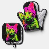 Neon Cat Portrait Ofenhandschuh & Topflappen-Set (Vorderseite/Rückseite)