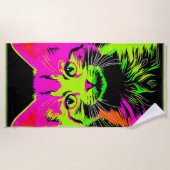 Neon Cat Portrait Strandtuch (Vorderseite)