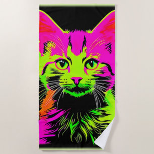 Neon Cat Portrait Strandtuch