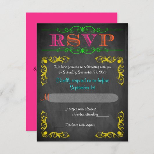 Neon Chalkboard Bat Mitzvah UAWG RSVP Karte (Vorne/Hinten)