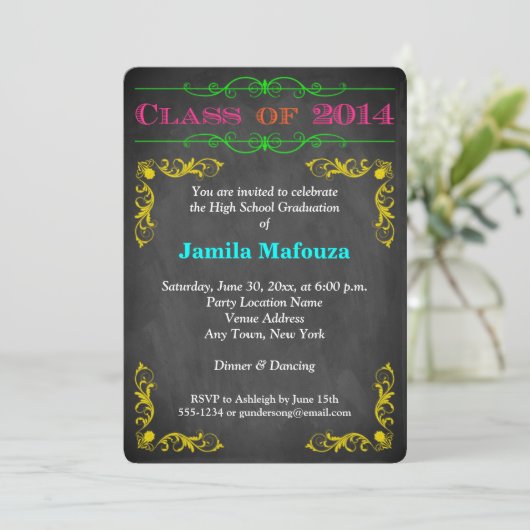 Neon Chalkboard Class of 2014 FOTO Abschluss Einladung (Stehend Vorderseite)