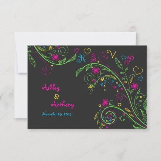 Neon Chalkboard Doodle Wedding Repair Card RSVP Karte (Vorderseite)