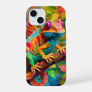 Neon Charlie Chamäleon, Textil Regenwald Collage iPhone 15 Hülle