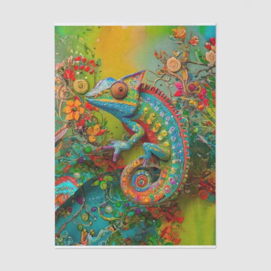 Neon Charlie Chameleon, Textile Regenwald Collage Seidenpapier (Vorderseite)