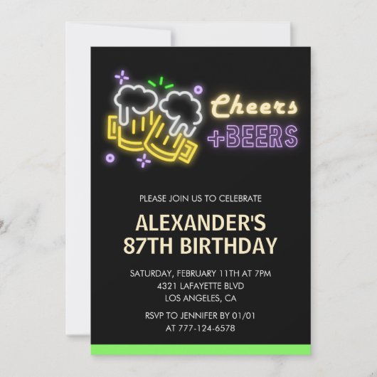 Neon Cheers Beer Chalkboard 87. Geburtstag Einladung (Vorderseite)