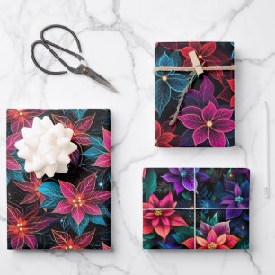 Neon Christmas Poinsettias Geschenkpapier Set