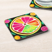 Neon Citrus Fruit Fiesta Getränkeuntersetzer (Linke Seite)