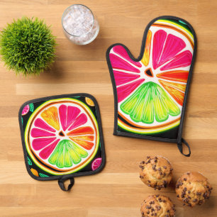 Neon Citrus Fruit Fiesta Ofenhandschuh & Topflappen-Set