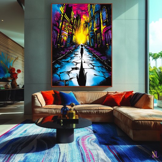 Neon City Shadows - Surreal Urban Dreamscape Art Poster