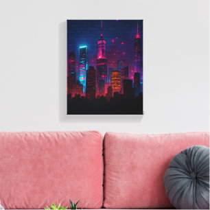 Neon City Skyline: Retro-Futurismus Leinwanddruck