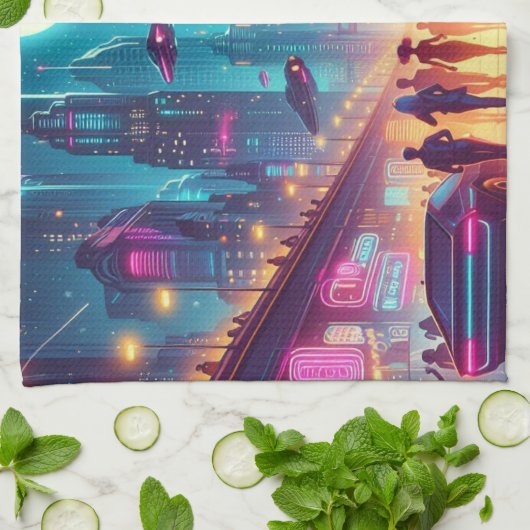 Neon Cityscape Geschirrtuch (Gefaltet)