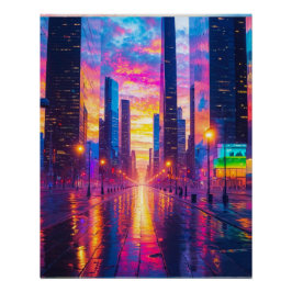 Neon Cityscape Reflections at Sunset Futuristic Poster