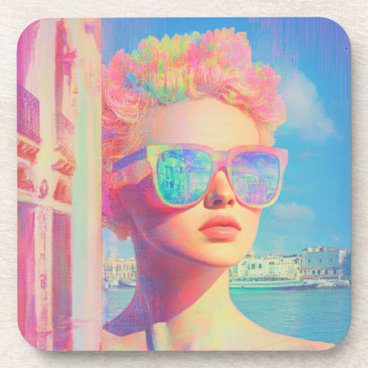 Neon Coastal Beauty mit Sonnenbrille Getränkeuntersetzer (Vorderseite)