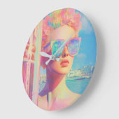 Neon Coastal Beauty mit Sonnenbrille Große Wanduhr (Winkel)