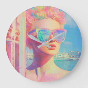 Neon Coastal Beauty mit Sonnenbrille Große Wanduhr