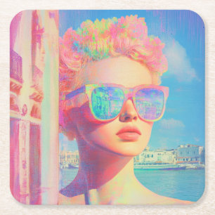 Neon Coastal Beauty mit Sonnenbrille Rechteckiger Pappuntersetzer