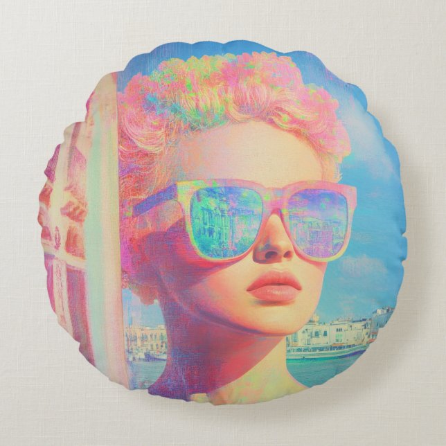 Neon Coastal Beauty mit Sonnenbrille Rundes Kissen (Vorderseite)