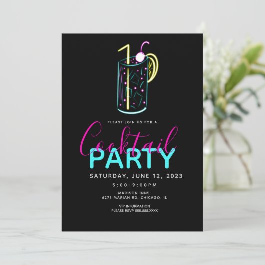 Neon Cocktail Mojito Party Einladung (Stehend Vorderseite)