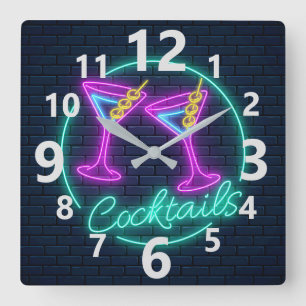 Neon Cocktails Quadratische Wanduhr